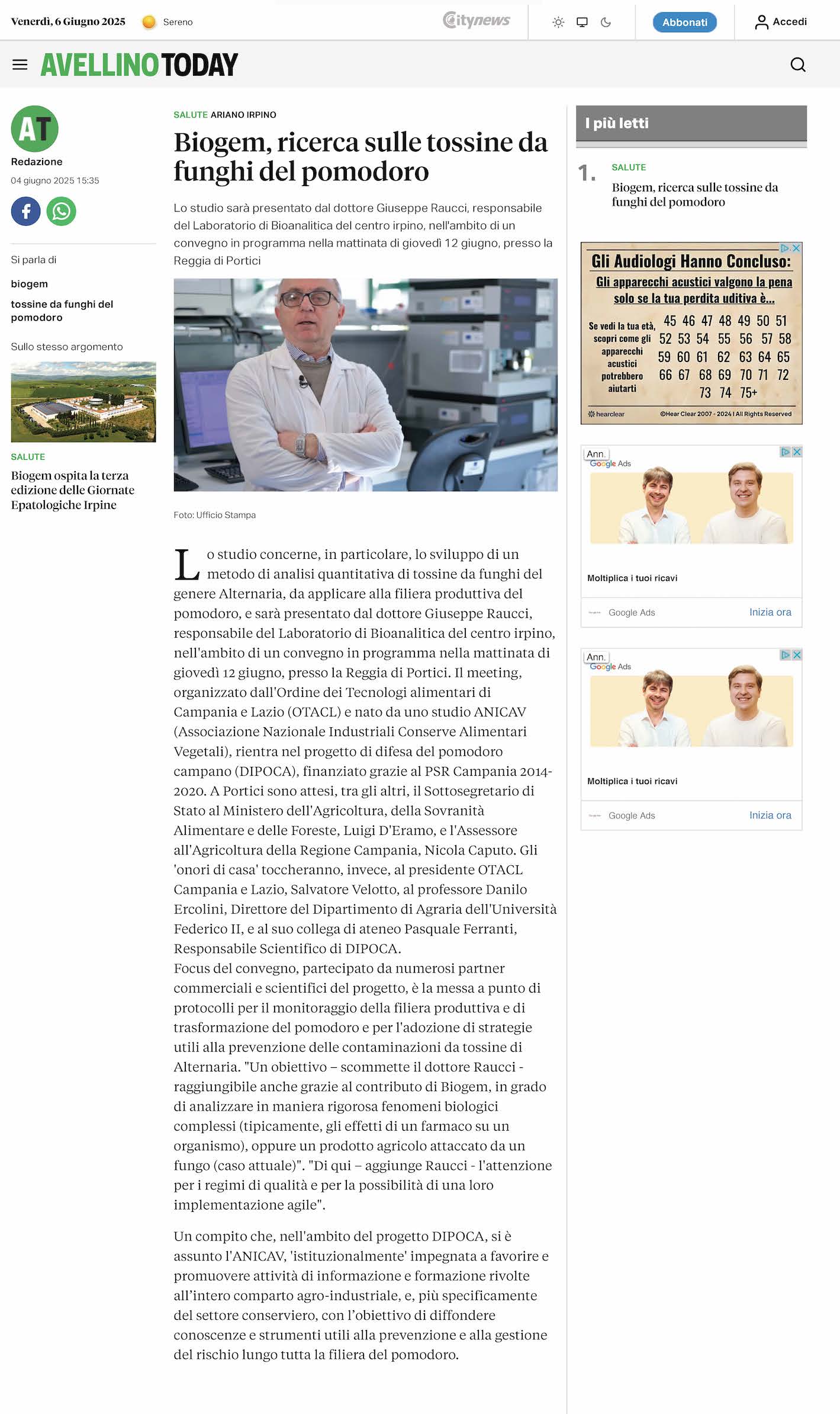 Biogem, ricerca sulle tossine da funghi del pomodoro 